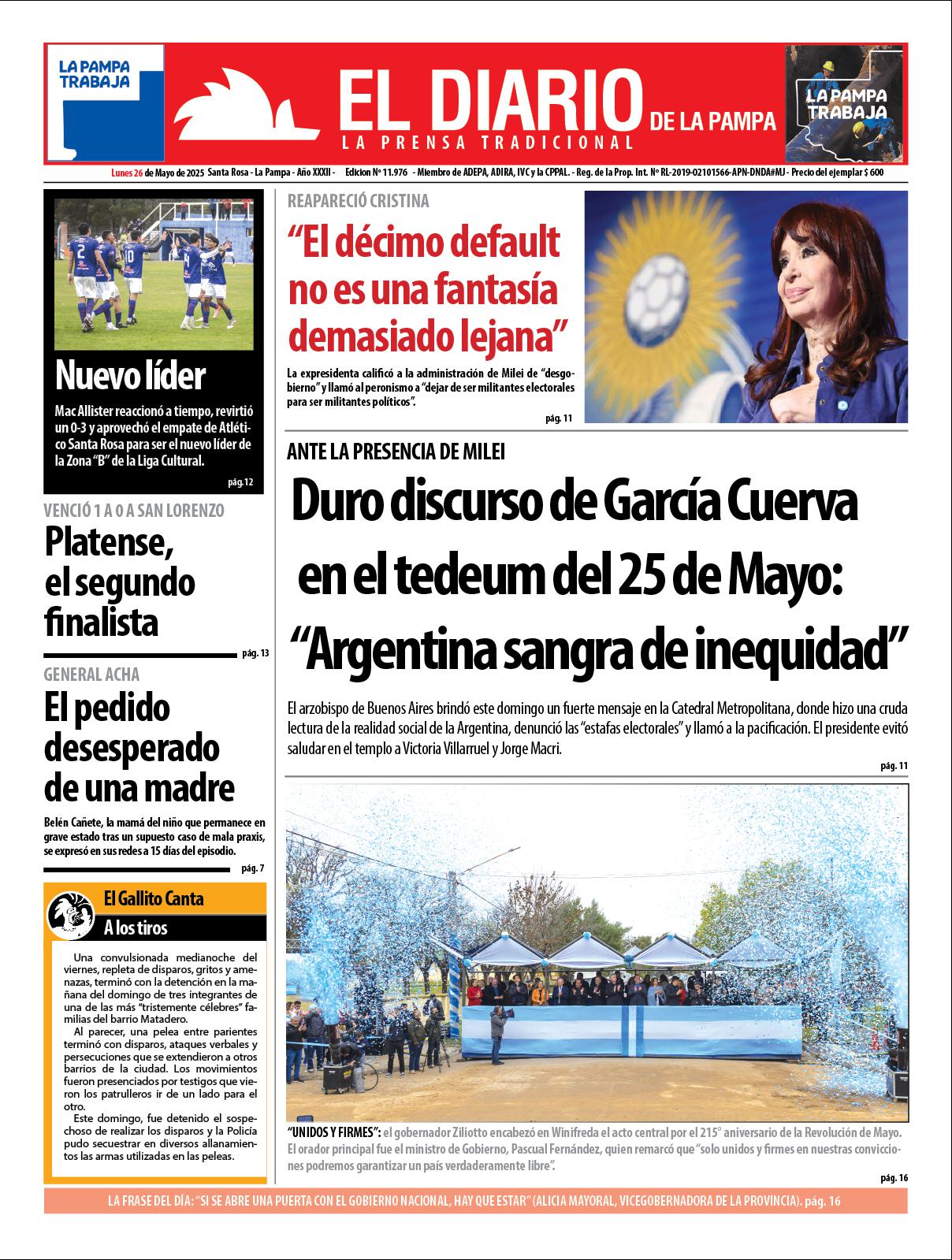 Tapa de El Diario en papel  lunes 26 de mayo de 2025